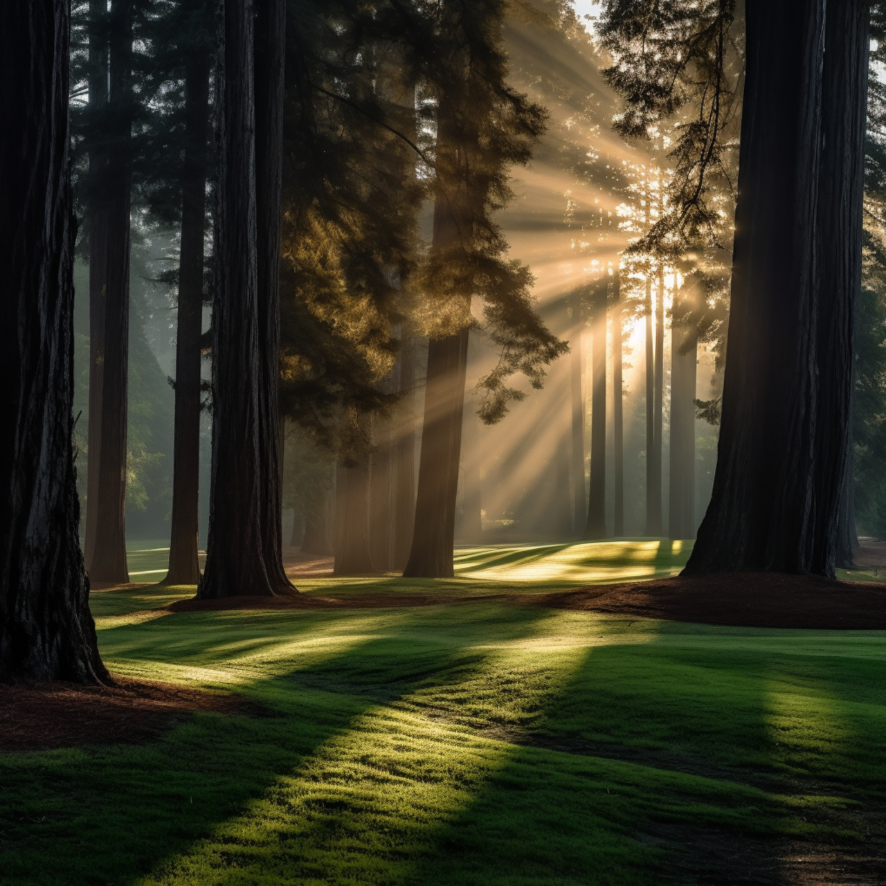 Sun rising with slight fog presenting sun rays through the Redwoods in the green fairway of a disc golf course